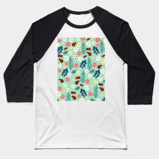 Spring meadow in bloom with ladybirds on green background Baseball T-Shirt